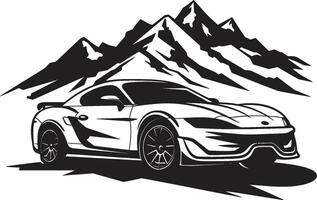 Grat eilen dynamisch schwarz Symbol von ein Sport Auto in Angriff nehmen Berg Straßen erhöht Eleganz ikonisch Vektor Symbol mit ein Sport Auto auf schwarz Logo