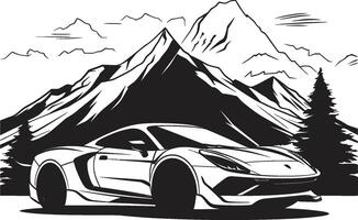 alpin Apex ikonisch Vektor Symbol von ein Sport Auto navigieren Berg Straßen im schwarz Grat Rumpeln glatt schwarz Logo mit ikonisch Sport Auto erobern das Berg