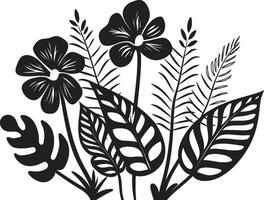 frodig tropikerna vektor symbol av växt löv och blommor i svart logotyp botanisk salighet elegant svart ikon design med tropisk växt löv och blommor
