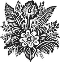 botanisch Glückseligkeit glatt schwarz Symbol Design mit tropisch Pflanze Blätter und Blumen Urwald Harmonie Vektor schwarz Logo mit exotisch Pflanze Blätter und Blumen