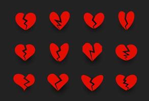 brutna hjärtan ikoner samling, hjärtspricka, unlove symbol. skilsmässa, relationskris, familjeproblem tecken. röda vektor ikoner på svart bakgrund.