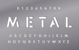 uppsättning bokstäver och siffror i metallplåt. metalliskt material stil av alfabetet. stålplåt med typsnitt. typografi design. vektorgrafik. vektor