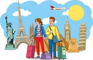 vektor illustration av ung par gående på semester