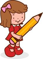 Kind beim Schule tun Hausaufgaben. ein süß Mädchen Schüler Schreiben mit ein groß Bleistift. Vektor Illustration