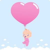 Baby Mädchen halten ein Rosa Ballon. Baby Dusche Party mit Ballon im das Himmel. Vektor Illustration