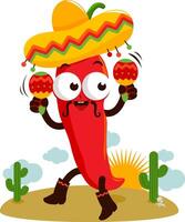 tecknad serie mariachi chili peppar spelar musik med maracas och dans i de mexikansk öken. tecknad serie jalapeno peppar. vektor illustration