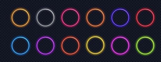 glühend Kreis Neon- Taste. Licht Rahmen Designs Blau, Rosa, Gelb, abstrakt Mandala hell farbig zum Netz Design, Anwendung, Spiel und Schnittstelle. vektor