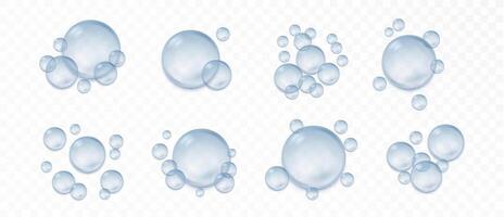 Blau transparent Wasser Luftblasen realistisch Sammlung mit Betrachtung einstellen isoliert. Vektor Seife Wasser Blasen.