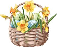 Korb mit Ostern Eier und Narzissen auf ein isoliert Hintergrund. Vektor Illustration zum glücklich Ostern. Ostern Clip Art zum Karten, Aufkleber, usw.