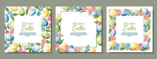 einstellen von Hintergrund mit Ostern Eier und Blumen. Postkarte, Banner zum Ostern. Frühling Zeit. Rahmen mit bunt Eier. vektor