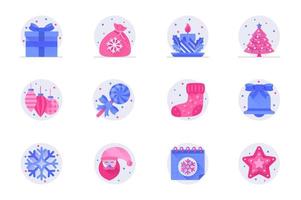 jul koncept web platt färgikoner med skugga set. packa piktogram av present, väska, ljus, träd, leksaker, godis, strumpa, snöflinga och annat. vektor illustration av symboler för webbplats mobil app design