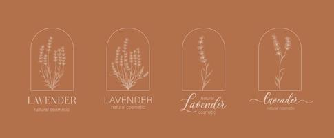 Lavendel-Logo und Zweig. handgezeichnetes Hochzeitskraut, Pflanze und Monogramm für Einladung, Datum speichern, Kartendesign. botanische rustikale trendige Grünvektorillustration. vektor