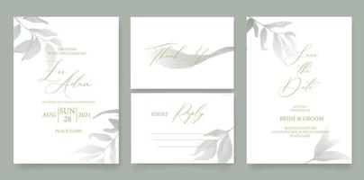 Hochzeitseinladungsschablone mit aquarellgrünen Blättern, Brunchs und handgemachter Kalligraphie. vektor