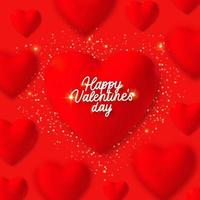 Happy Valentinstag handgeschriebener Text auf rotem Hintergrund mit unscharfen Herzen. vektor
