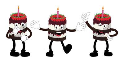 süß Süss Geburtstag Kuchen Karikatur Charakter Design, Jahrgang Charakter Karikatur Geburtstag Kuchen, retro Aufkleber von glücklich Schokolade Kuchen mit Kerzen vektor