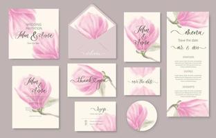 bröllop akvarell blommig inbjudan, tack, svar, meny, rsvp med försiktigt akvarell magnolia blomma. vektor