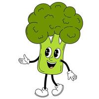 häftig broccoli grönsak. hand dra rolig retro årgång trendig stil vegetabiliska tecknad serie karaktär. klotter komisk vektor illustration