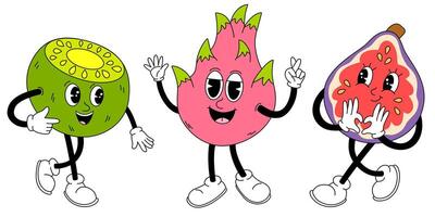 häftig frukt uppsättning. hand dra rolig retro årgång trendig stil frukt tecknad serie karaktär. kiwi, drake frukt, fikon. vektor klotter komisk samling