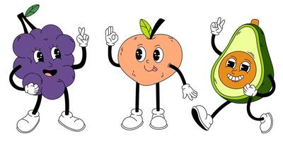 häftig frukt uppsättning. hand dra rolig retro årgång trendig stil frukt tecknad serie karaktär. vindruvor, avokado, persika. vektor klotter komisk samling