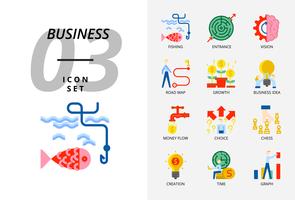 Ikonensatz für Geschäft und Strategie, Fischen, Eingang, Vision, Roadmap, Wachstum, Geschäftsidee, Geldfluss, Wahlmöglichkeit, Erstellungszeit, Diagramm. vektor