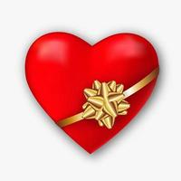 realistisches rotes Herz 3d mit Goldseidenbandbogen lokalisiert auf weißem Hintergrund. festliches Gestaltungselement für glückliche Valentinstaggrüße. vektor