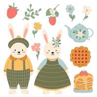 Paar von Hasen im Jahrgang Kleider im eben Stil. einstellen von Vektor Abbildungen von ein Hase mit dekorativ Frühstück Elemente. Kaninchen im Jahrgang Kostüme.