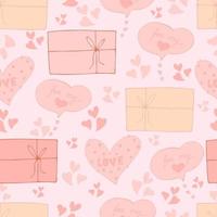 Vektor nahtlose Muster von Herzen und Geschenken mit Glückwünschen Liebeserklärung am Valentinstag 14. Februar. Hintergrund für Einladungen, Tapeten, Geschenkpapier und Scrapbooking