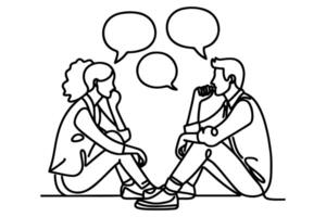 ai genererad kontinuerlig ett linje teckning två ung människor är talande med Tal bubblor översikt klotter vektor illustration