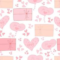 Vektor nahtlose Muster von Herzen und Geschenken mit Glückwünschen Liebeserklärung am Valentinstag 14. Februar. Hintergrund für Einladungen, Tapeten, Geschenkpapier und Scrapbooking