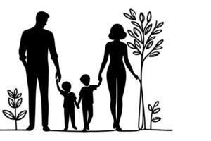 kontinuerlig ett svart linje konst teckning silhuetter av Lycklig familj innehav de händer med träd vektor illustration på vit bakgrund
