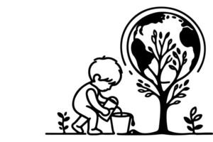 ai generiert kontinuierlich einer schwarz Linie Kunst Zeichnung Kinder Bewässerung ein Baum. Pflanzen Baum zu speichern das Welt und Erde Tag reduzieren global Erwärmen Wachstum Konzept Vektor Illustration auf Weiß Hintergrund