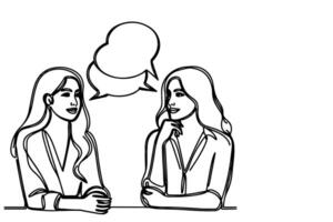ai generiert kontinuierlich einer Linie Zeichnung zwei jung Menschen sind reden mit Rede Luftblasen Gliederung Gekritzel Vektor Illustration