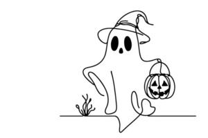 ai generiert einer kontinuierlich schwarz Linie Zeichnung von Kürbis und Geist Halloween Konzept Gliederung Gekritzel Vektor Illustration auf Weiß Hintergrund