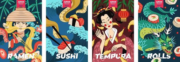 japansk mat affisch uppsättning. japan kök baner Ramen nationell nudel maträtt och tempura friterad räka. sushi, sashimi och rullar orientalisk reklam skriva ut. asiatisk skaldjur restaurang meny vektor plakat