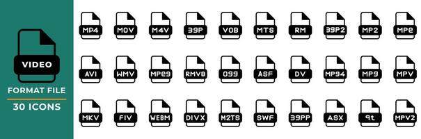 Datei Format Video Symbole einstellen im Glyphe Stil. Sammlung von Datei Erweiterung Symbole. Vektor Illustration