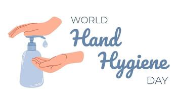 värld hand hygien dag horisontell baner. tvättning händer med tvål platt vektor illustration.