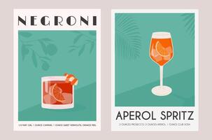 Aperol Spritz und Negroni Cocktail im Glas mit Eis und Orange Scheibe. Sommer- Italienisch Aperitif retro Poster Satz. Mauer Kunst alkoholisch Getränk Garnierung mit Orange Twist. Vektor eben Illustration.