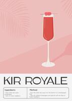 kir Royale Cocktail garniert mit Himbeere. klassisch alkoholisch Getränk Rezept modern Wandkunst drucken. Sommer- Französisch Aperitif alkoholisch trinken. minimalistisch modisch zeitgenössisch Poster. Vektor Illustration