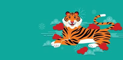 Frohes neues Jahr, chinesisches Neujahr, 2022, Jahr des Tigers, Zeichentrickfigur, königlicher Tiger, flaches Design vektor