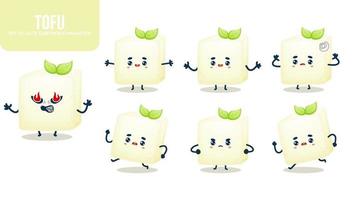 uppsättning av söt tofu seriefigur med olika poser premium vektor