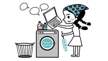 Arbeite von zu Hause aus Frau in der Wäscherei und arbeite am Laptop neues normales Quarantäneleben handgezeichneter Cartoon-Vektor vektor