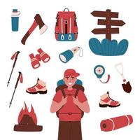 Vektor-Illustration von Wanderausrüstung Zelt, Rucksack, Fernglas, Schaufel, Stiefel, Flasche Wasser, Kompass. Campingausrüstung, Reisewerkzeugsammlung. glücklicher Tourist mit Rucksack. isoliert auf weiß. vektor