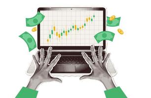 Halbton Collage von online Handel mit Laptop und glücklich Hände. Finanzierung Graph auf Computer Bildschirm Konzept. y2k Jahrgang Handel zum Geschäft Investition Illustration vektor