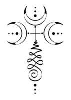 ungewöhnlich Halbmond Mond Symbol, verdreifachen Göttin Zeichen Darstellen Pfad zu Aufklärung. schwarz Hand gezeichnet Yantras Symbol. tätowieren Tinte Zeichnung, Illustration isoliert auf Weiß Hintergrund vektor