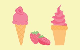 sortiert Flaches Design Eis Cremes mit ein Erdbeere Twist, Pastell- Töne, erfrischend Sommer- behandelt, köstlich Dessert Konzept, isoliert auf ein Licht Hintergrund. vektor