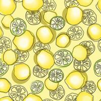 nahtlos Gekritzel Hand gezeichnet Muster von Zitrone und Zitrone Scheiben auf Licht Gelb Hintergrund. vektor