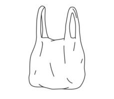 Hand gezeichnet süß Gliederung Illustration von Einweg Einkaufen Tasche. eben Lebensmittelgeschäft Plastik Paket, Umwelt Verschmutzung Design im Linie Kunst Gekritzel Stil. Ökologie Aufkleber, Symbol oder drucken. isoliert. vektor