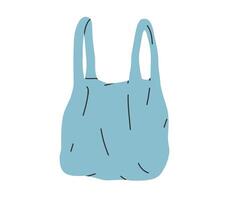 Hand gezeichnet süß Karikatur Illustration von Einweg Einkaufen Tasche. eben Lebensmittelgeschäft Plastik Paket, Umwelt Verschmutzung Design im farbig Gekritzel Stil. Ökologie Aufkleber, Symbol oder drucken. isoliert. vektor