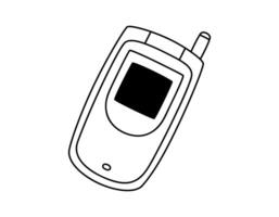 Hand gezeichnet süß Karikatur Gliederung Illustration von retro Zelle Flip Handy, Mobiltelefon Telefon. eben alt Handy, Mobiltelefon Telefon mit Tasten Aufkleber im Linie Kunst Gekritzel Stil. Anruf Gerät Symbol oder drucken. isoliert. vektor