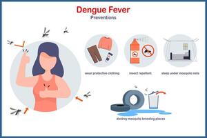 infographic illustration av dengue feber förebyggande, slitage skyddande kläder, insekt frånstötande, sovande under mygga nät.medicinsk illustration begrepp i platt stil. vektor